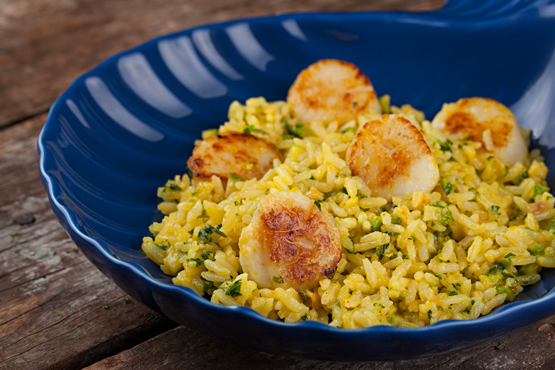 Vieiras com Risoto de Abobrinha e Açafrão